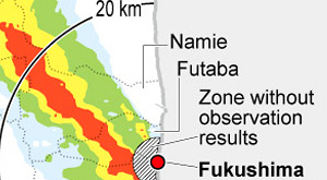 карта уровня радиоактивного загрязнения территорий вокруг «Фукусимы-1»
