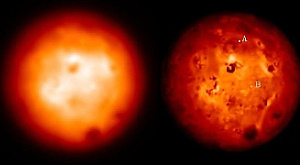 изображения Ио, полученные с помощью нынешней системы адаптивной оптики обсерватории Кека и новой системы «Тридцатиметрового телескопа» (смоделировано)